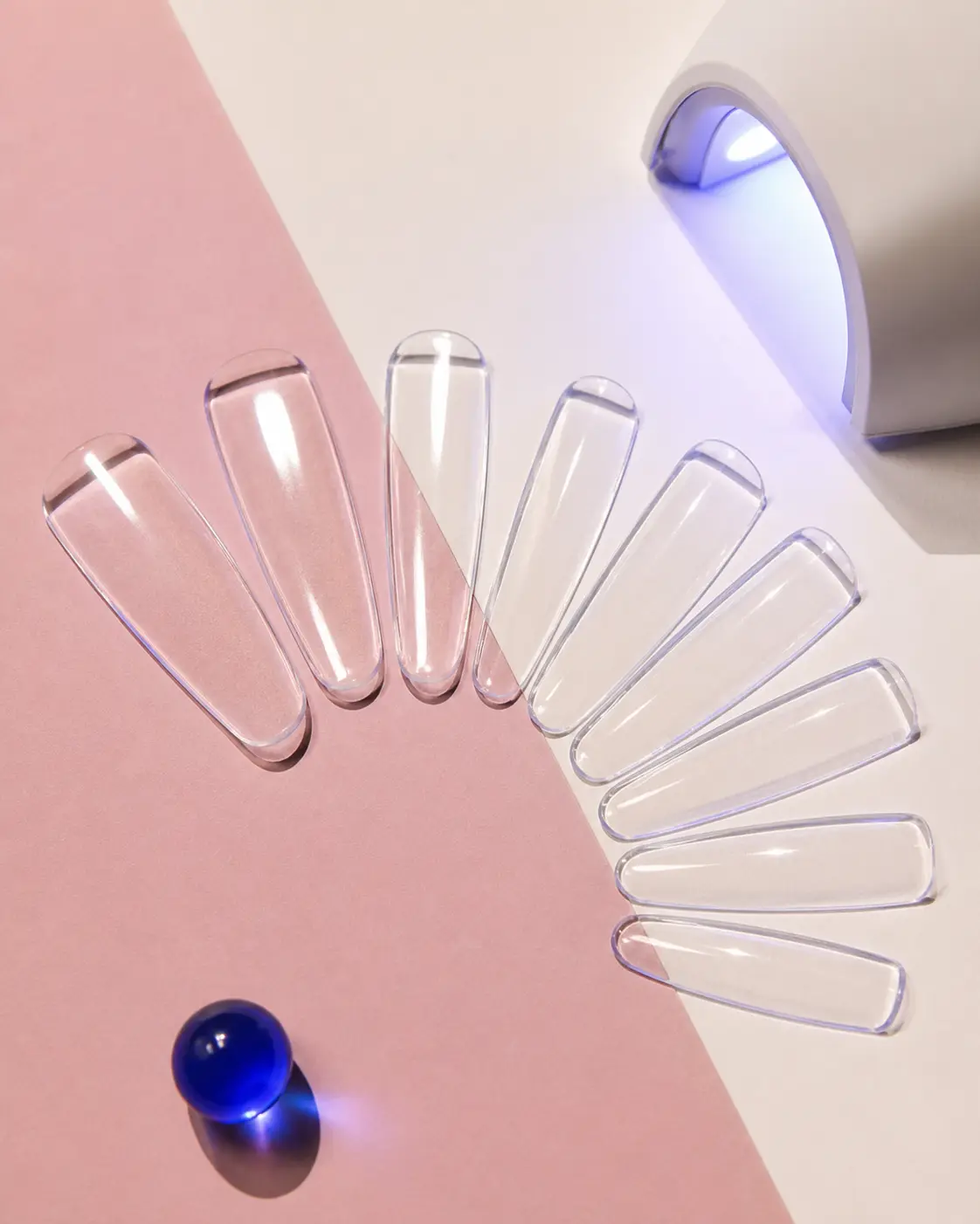 Translucent semi-cured gel strips in a graphic editorial arrangement