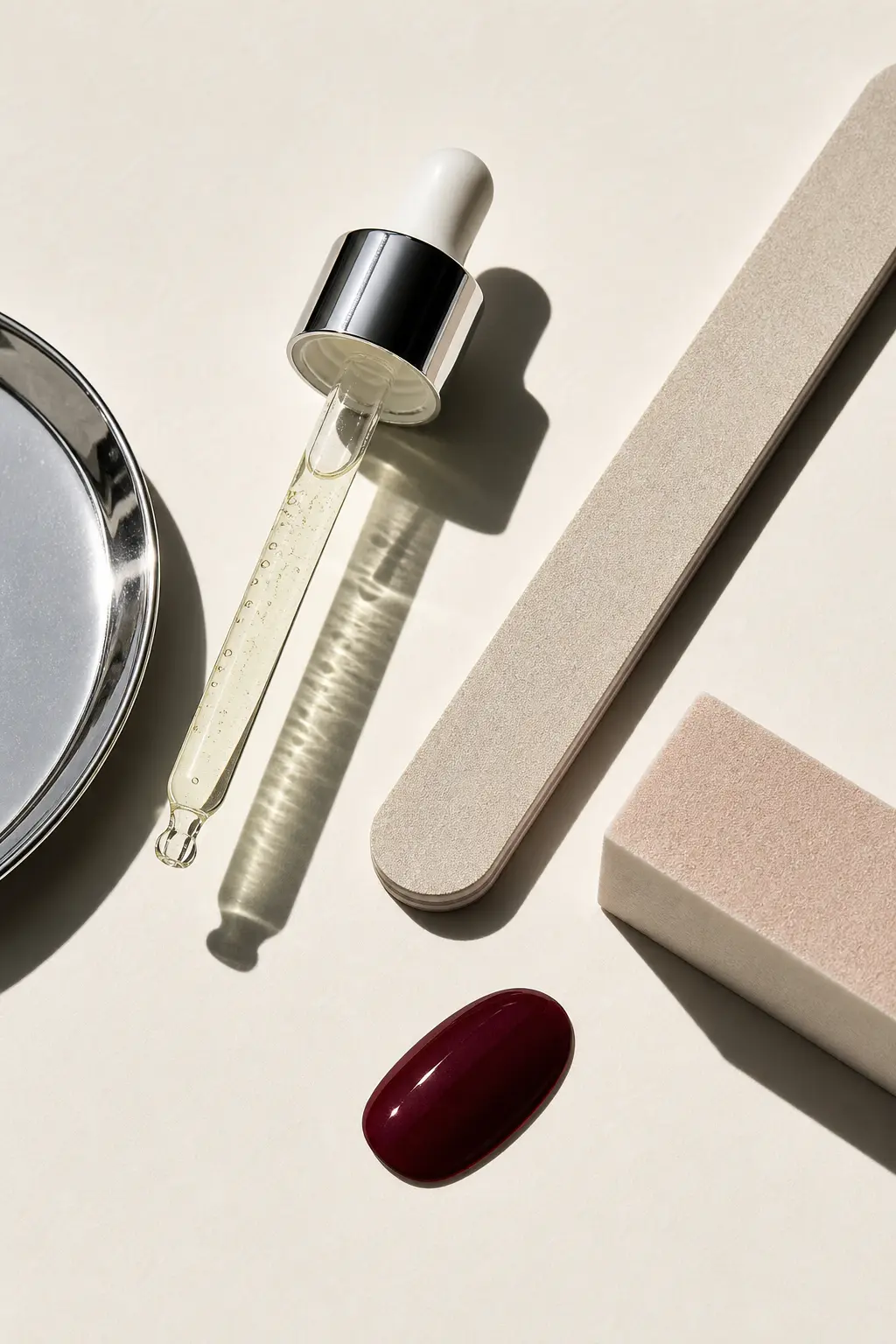 Cuticle oil, nail file, buffer, and cherry nail sample on ivory paper