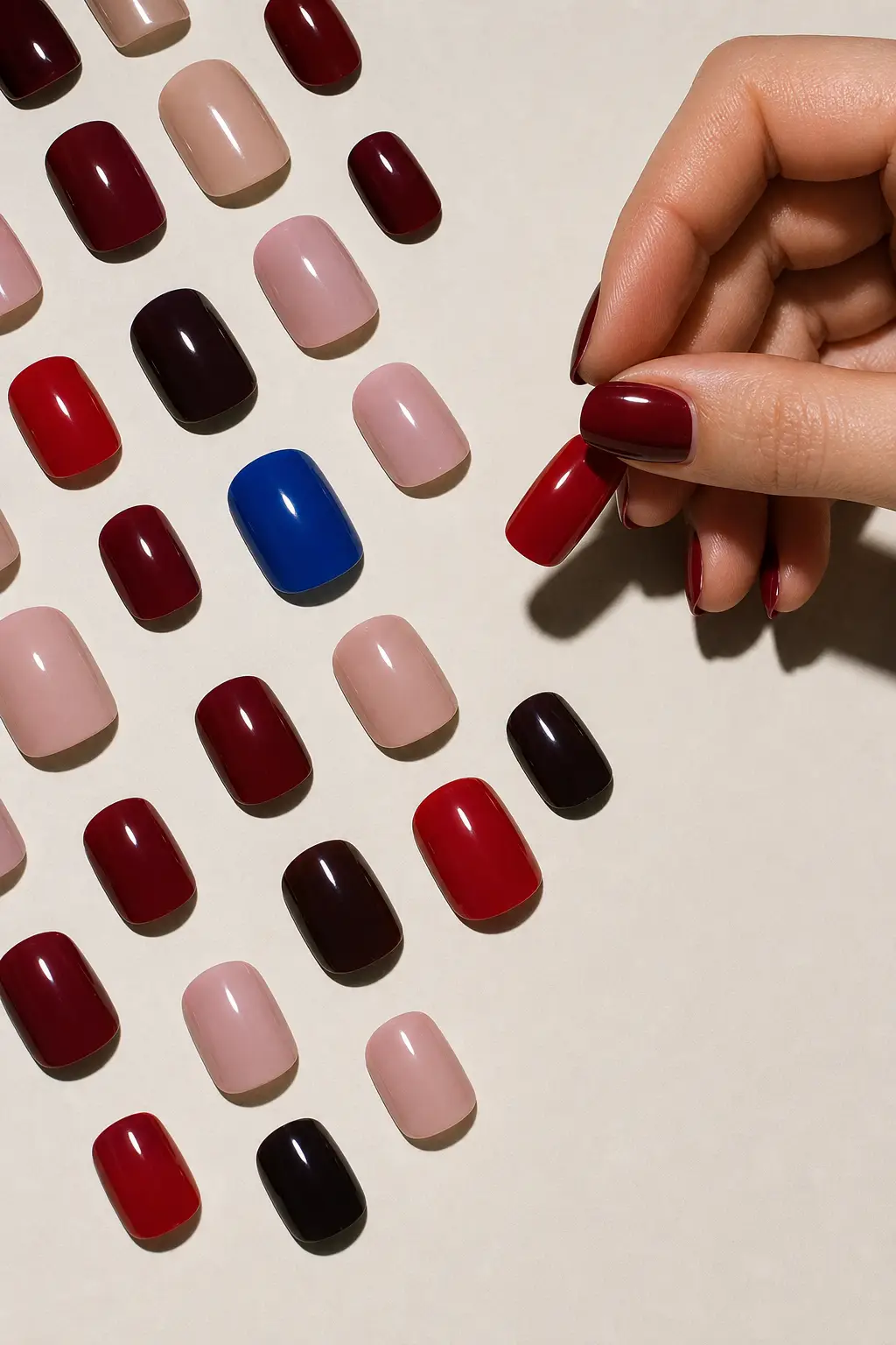 Press-on nail colors arranged as an editorial color study